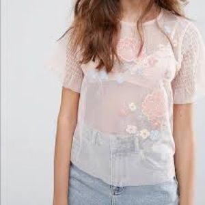 Miss Selfridge blush mesh floral top
